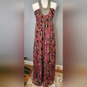 julie's closet Smocked Back Lined Padded Embellished Halter Top Maxi- Size S